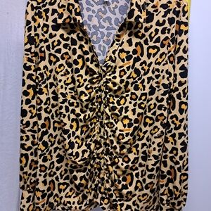 Fever Leopard Print Ruched V-Neck Women's Top - Beige/Black